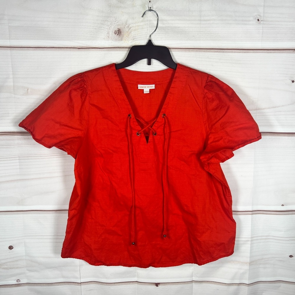 Knox Rose Top Womens Large Red Cotton Blouse Lace Up Flutter Sleeve Solid Woven